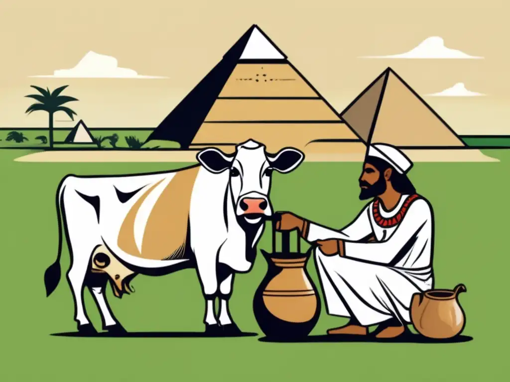 Un granjero egipcio, vestido con ropa tradicional, ordeña una vaca en un campo verde exuberante