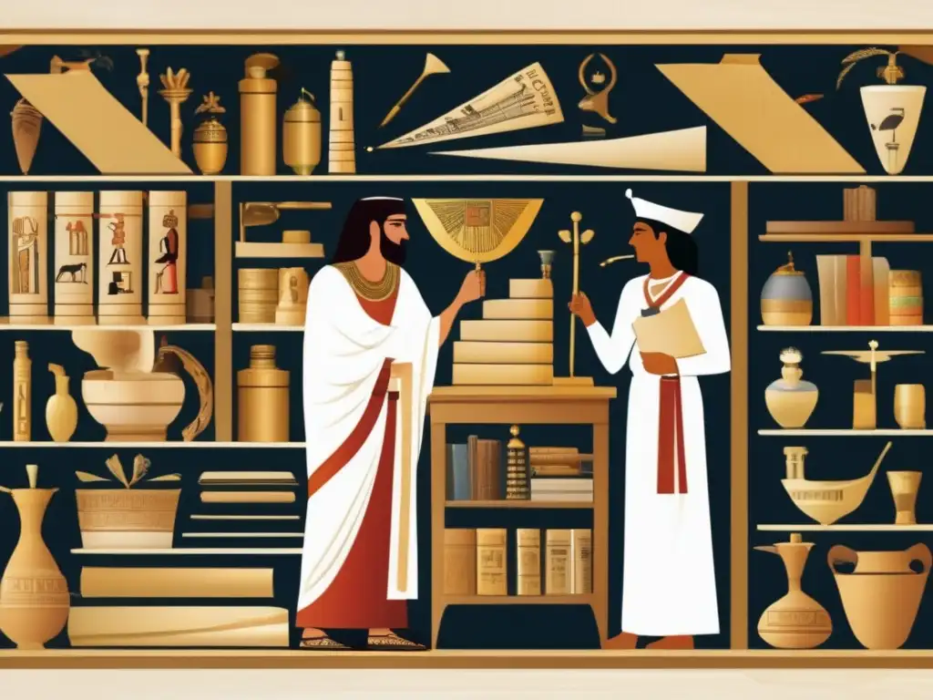 Conversación entre médicos griego y egipcio en una sala vintage, llena de pergaminos y jeroglíficos