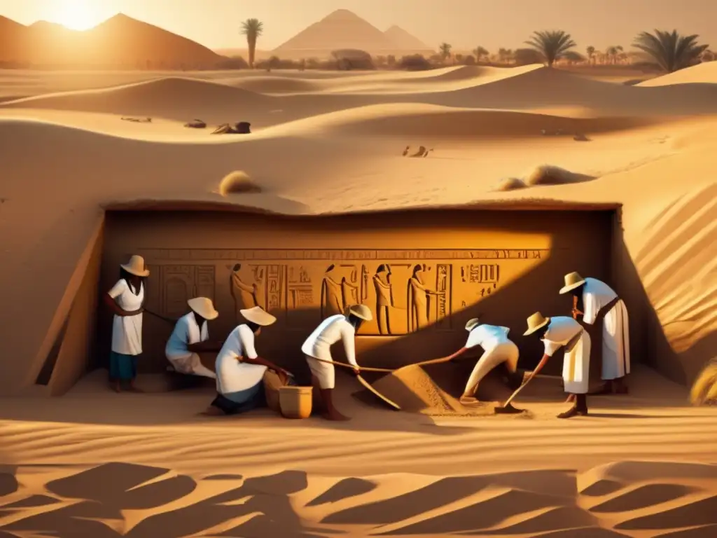 Grupo de arqueólogos desenterrando una antigua tumba egipcia al atardecer