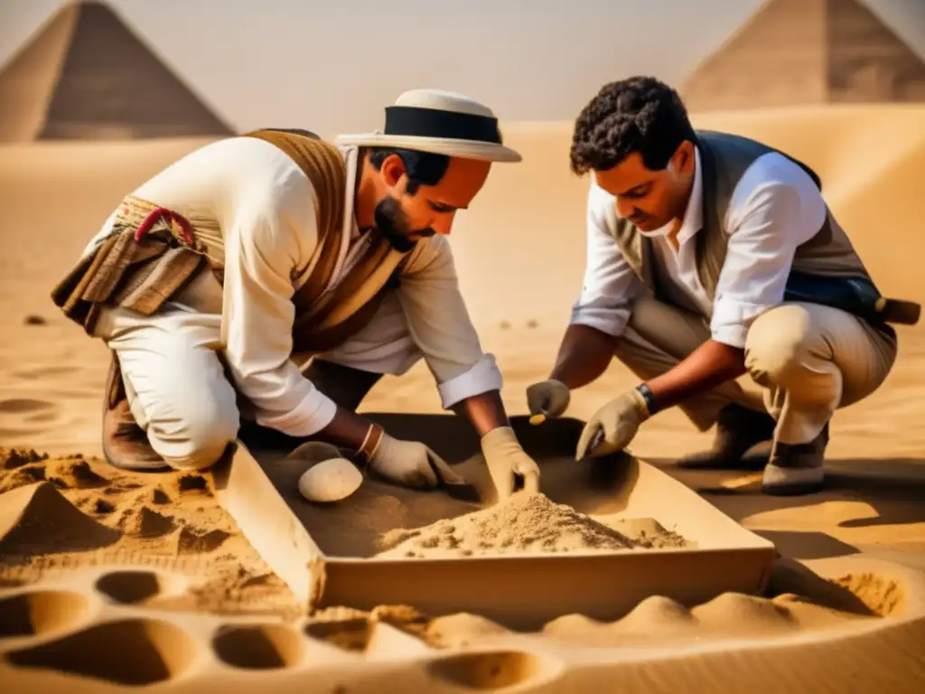 Un grupo de arqueólogos en el ardiente desierto egipcio, meticulosamente excavando un preciado artefacto