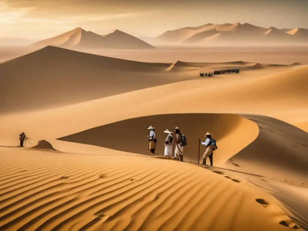 Grupo de arqueólogos en el desierto, rodeados de dunas de arena