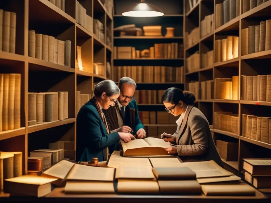 Grupo de arqueólogos explorando meticulosamente papiros antiguos en una sala de investigación llena de libros y artefactos