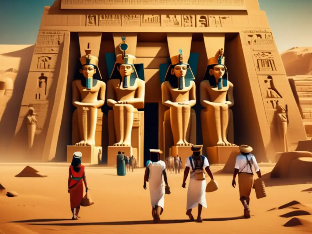 Grupo de arqueólogos en ropa tradicional, frente a un majestuoso templo egipcio adornado con jeroglíficos