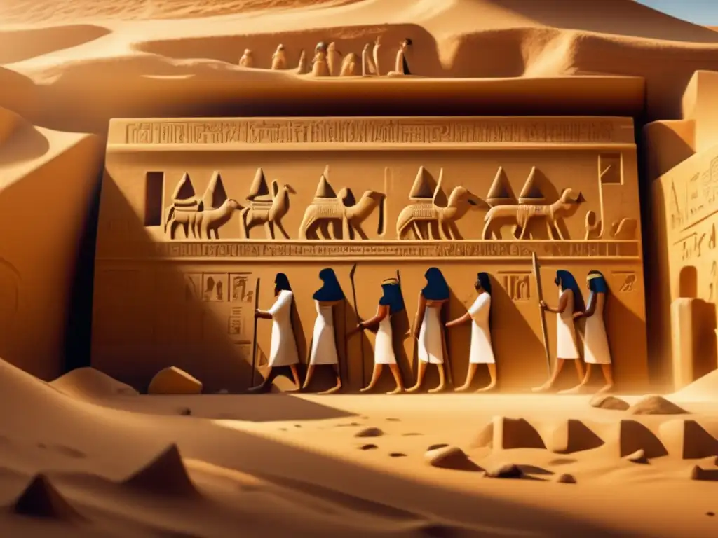 Un grupo de arqueólogos descubre los secretos de una antigua tumba egipcia bajo el cálido sol, utilizando técnicas de excavación en Egipto