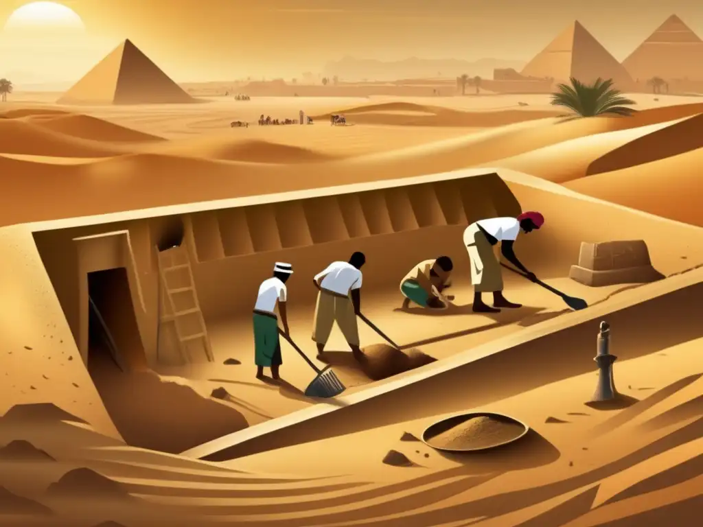 Grupo de arqueólogos desentierran tumba egipcia en desértico paisaje, mostrando técnicas de excavación en Egipto