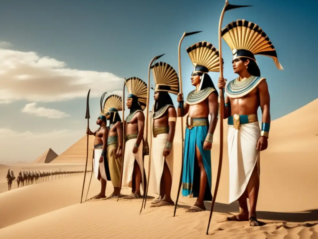 Grupo de arqueros egipcios antiguos en el desierto, demostrando la importancia del arco en la guerra egipcia