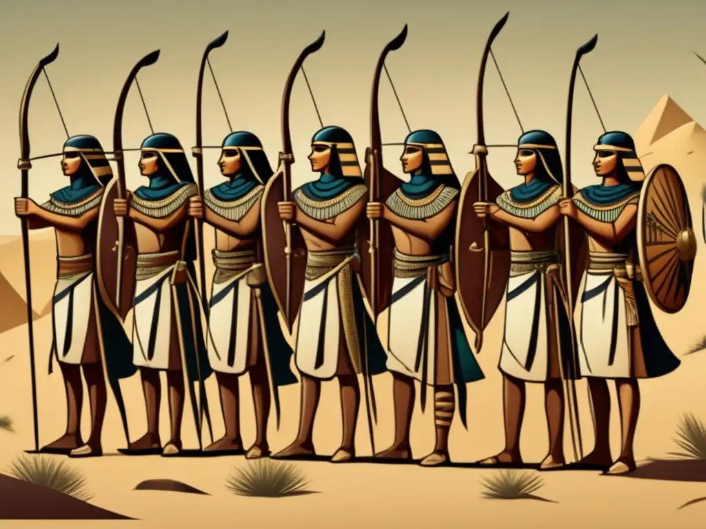 Grupo de arqueros egipcios en formación táctica, listos para la batalla en el desierto