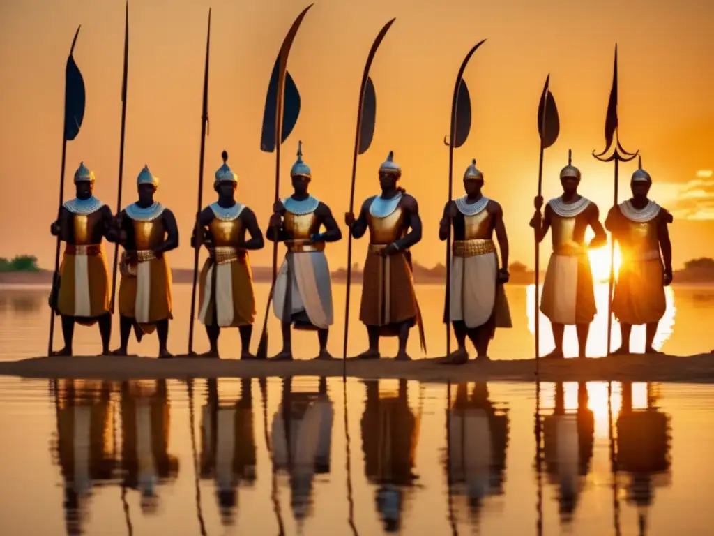 Un grupo de mercenarios nubios guerras faraónicas se alza en formación en las orillas del río Nilo al atardecer