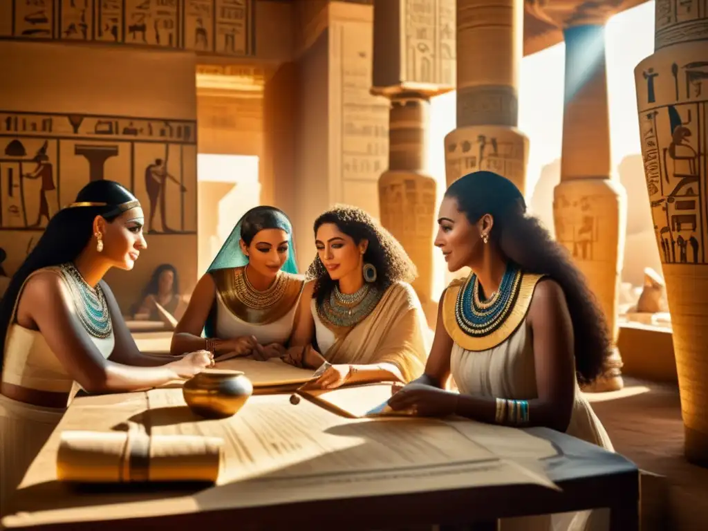 Un grupo de mujeres en atuendo antiguo egipcio, discutiendo alrededor de una mesa cubierta de rollos de papiro y utensilios de escritura