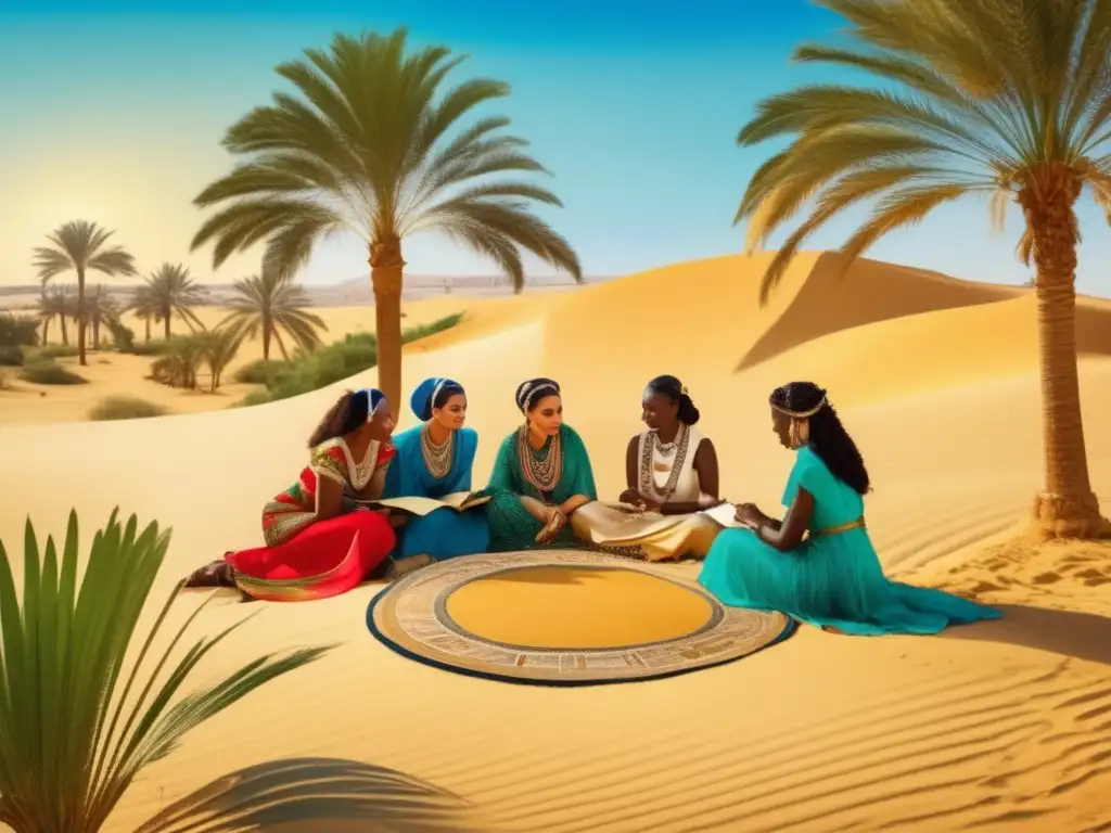 Un grupo de mujeres en un oasis egipcio, escribiendo en papiros bajo una palmera