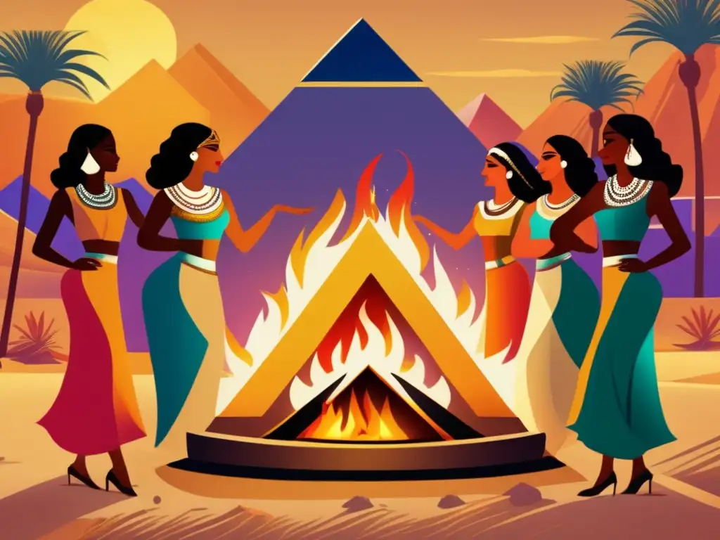 Un grupo de mujeres en vibrantes vestidos se reúne alrededor de una gran hoguera ceremonial en el corazón del antiguo Egipto