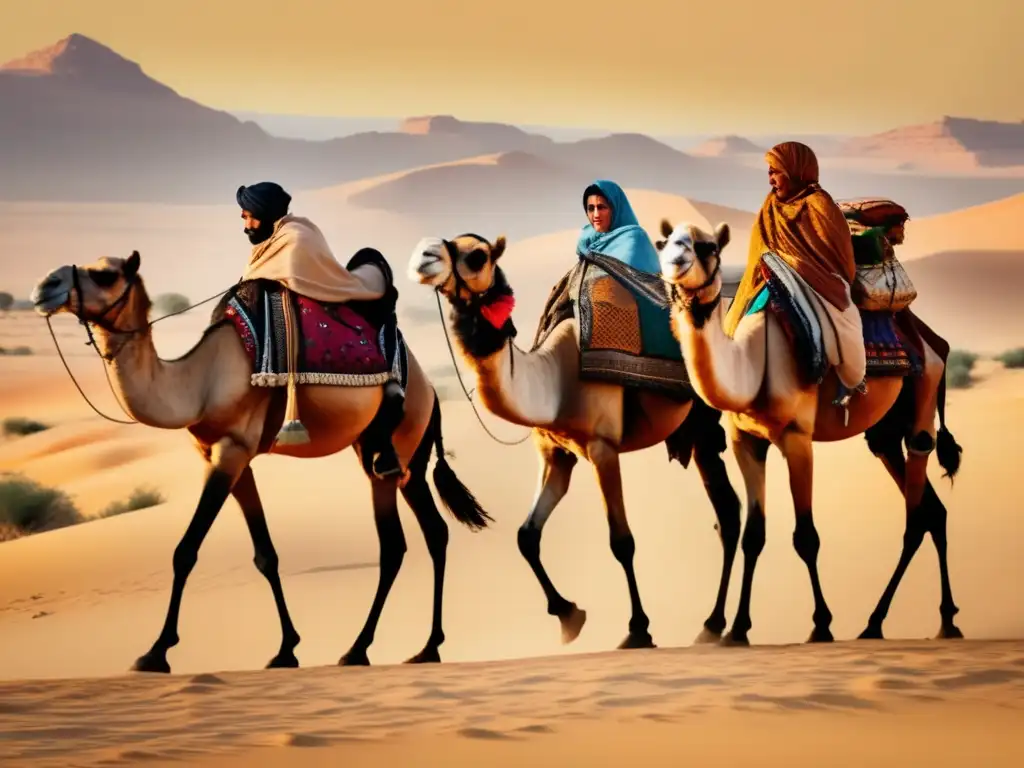 Un grupo de nómadas beduinos cruza las fronteras de Egipto en una imagen vintage, destacando la vida nómada y las interacciones en el desierto