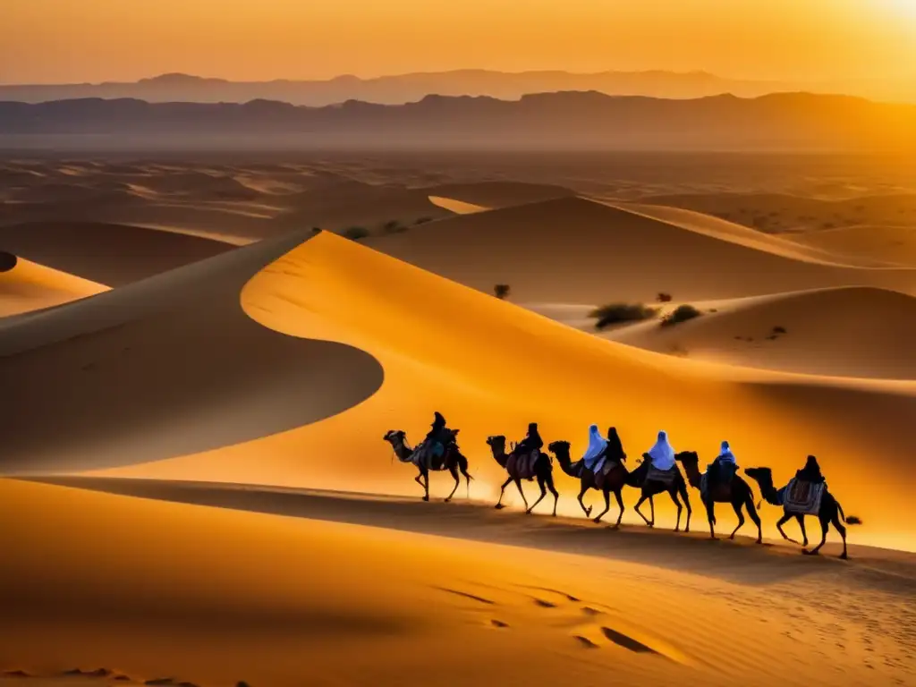 Un grupo de nómadas beduinos atraviesa el vasto desierto al atardecer, creando interacciones nómadas en las fronteras de Egipto