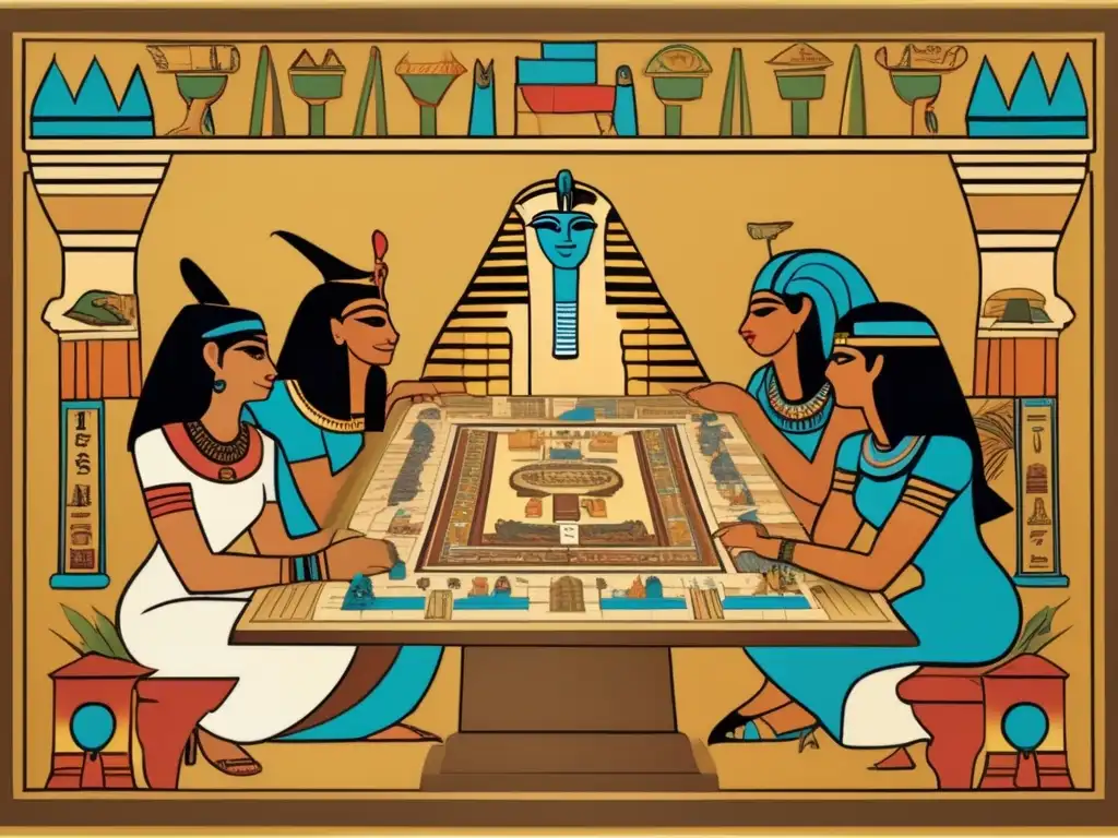 Un grupo de personas disfruta apasionadamente de juegos de mesa temática egipcia en una mesa bellamente adornada