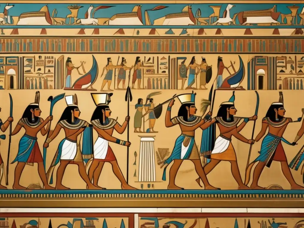 Una representación de guerra en arte egipcio, con soldados egipcios en armaduras elaboradas y carros en combate feroz contra un ejército extranjero