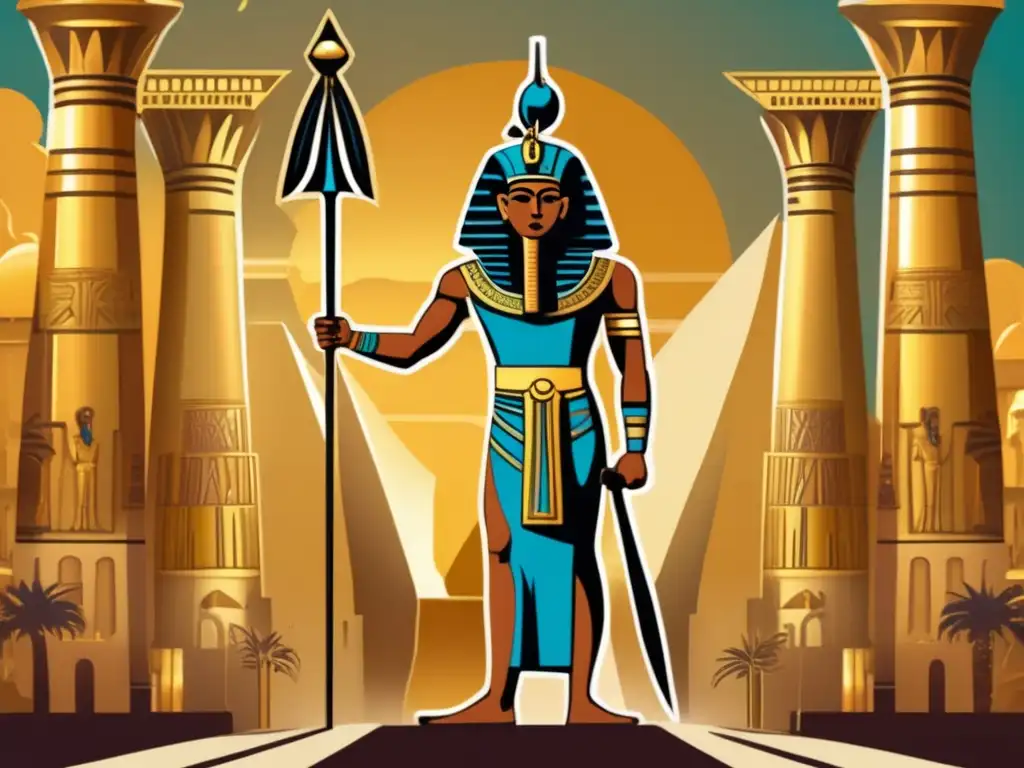 Sesostris III, el faraón guerrero, en su carro de oro, con símbolos de poder y un imponente templo de fondo