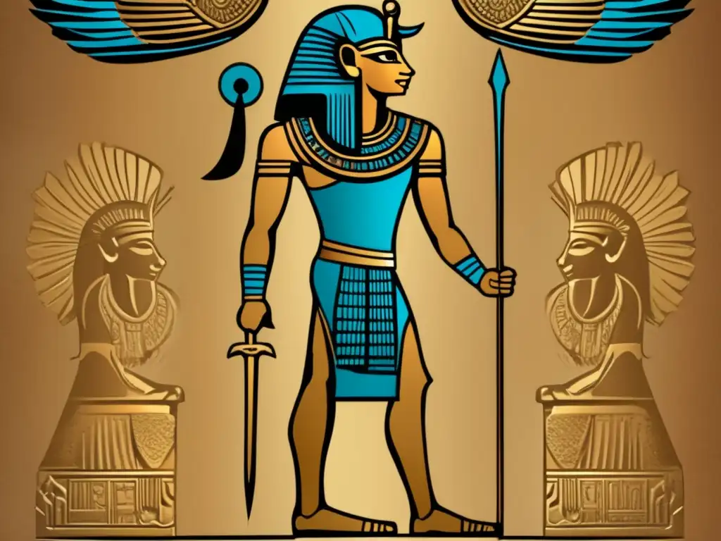 Un guerrero egipcio antiguo con armadura de bronce, portando escudo y lanza