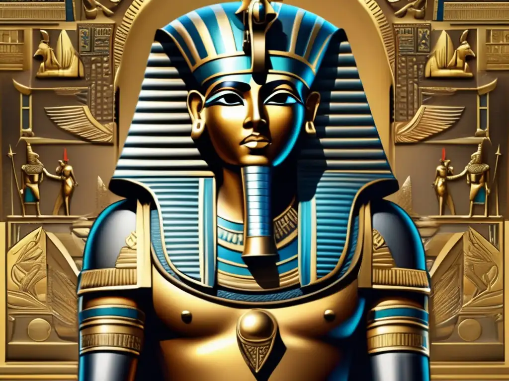 Un guerrero egipcio antiguo, con armadura egipcia: protección y estética, se alza majestuoso en el centro del cuadro
