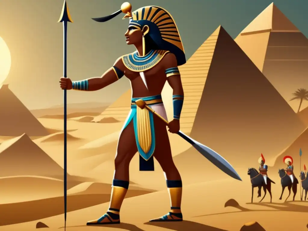 Un guerrero egipcio antiguo, portando un lanzador de jabalinas, se alza orgulloso en un paisaje desértico y cálido del Antiguo Egipto