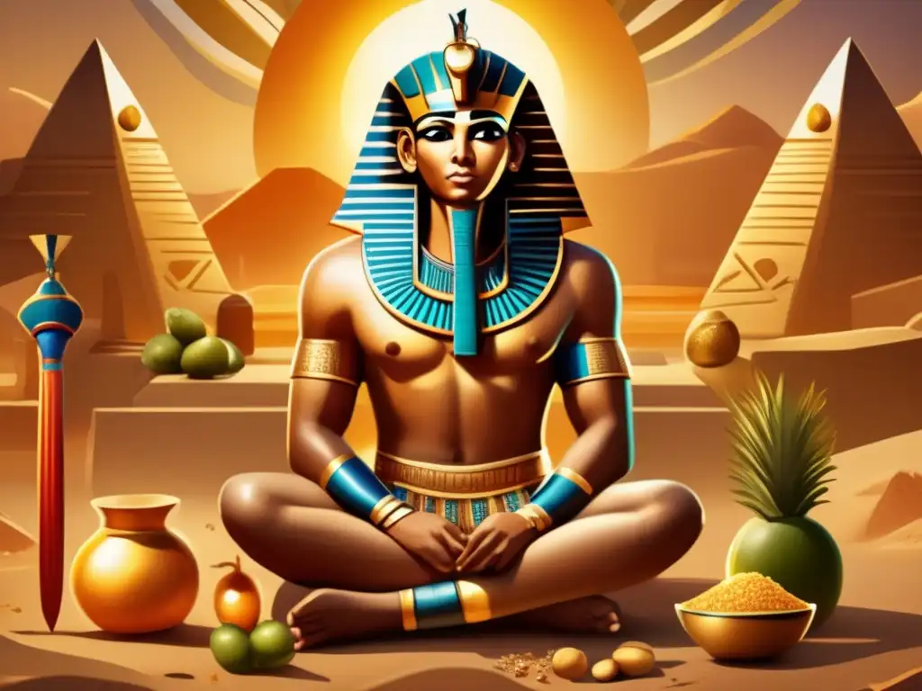 Un guerrero egipcio antiguo, rodeado de alimentos clave de su dieta, muestra su fuerza y determinación