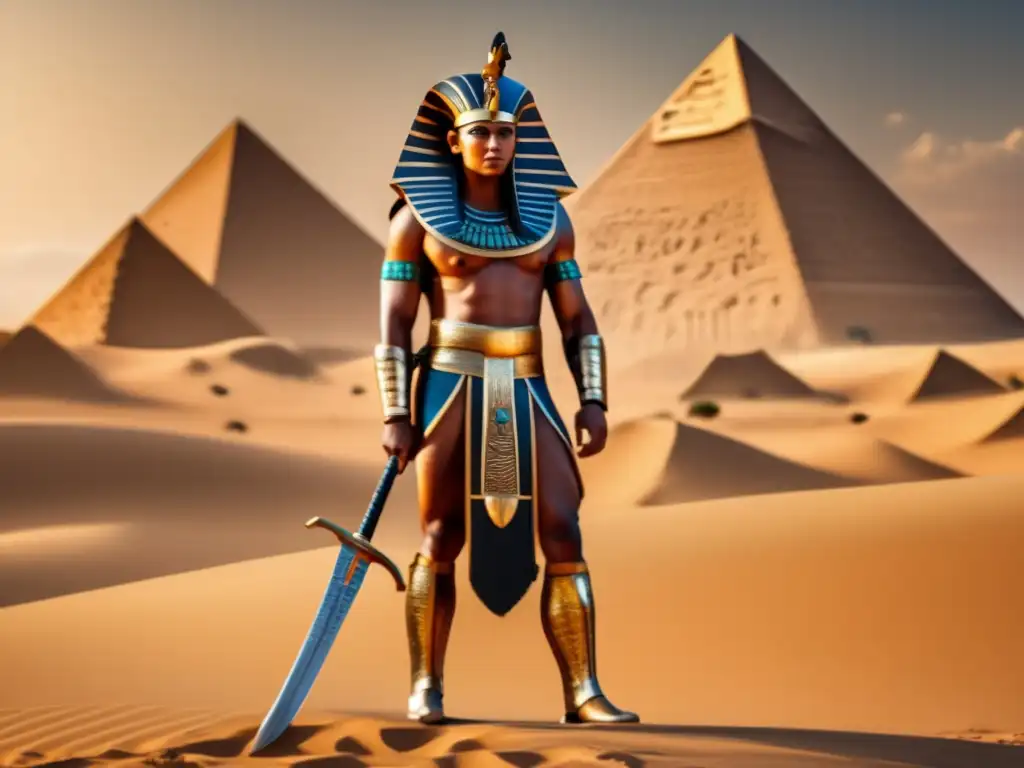 Un guerrero egipcio en el desierto, adornado con armadura y armas tradicionales