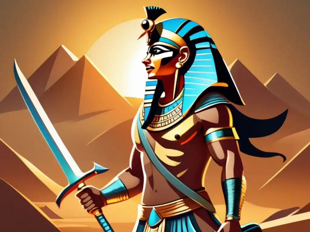 Un guerrero egipcio feroz en plena batalla, empuñando una espada Khopesh