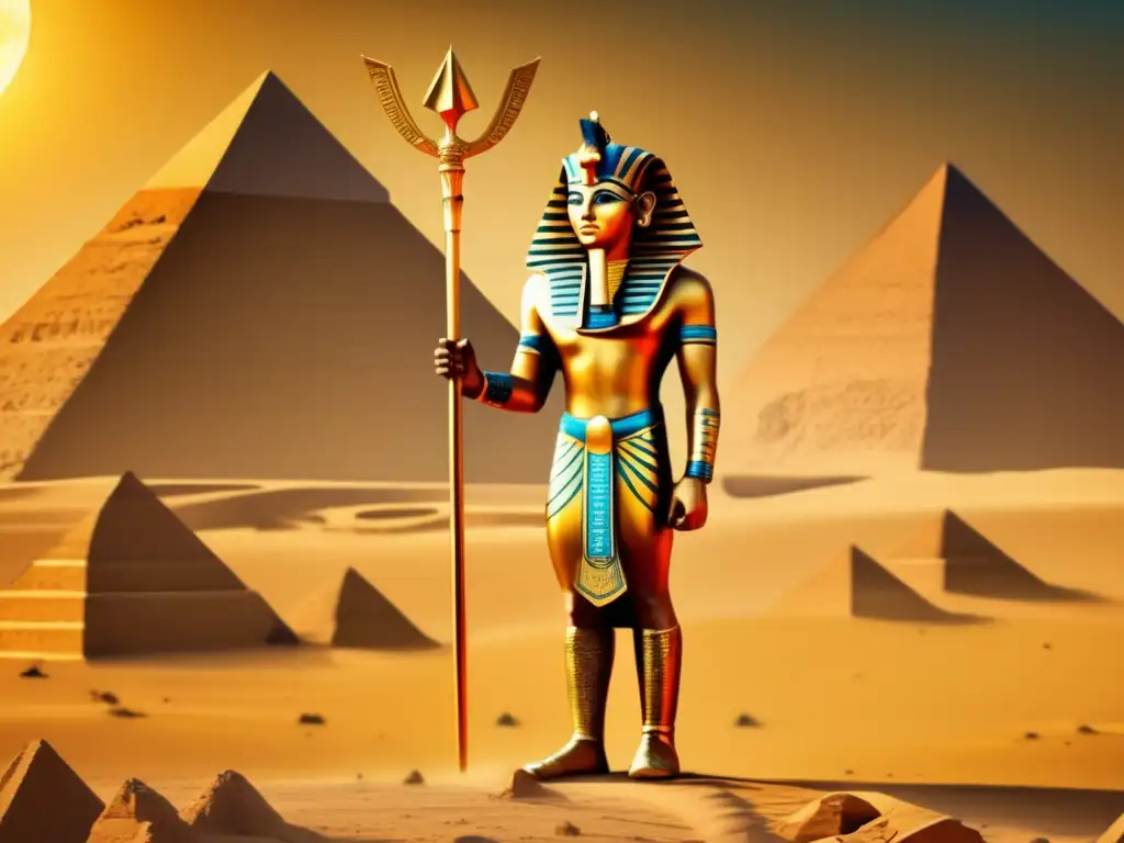 Sesostris III, el faraón guerrero de reforma, emerge majestuoso frente a las grandiosas pirámides de Egipto al atardecer