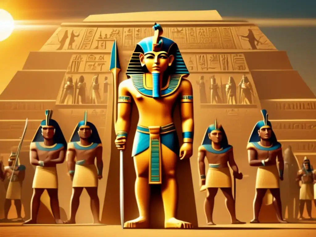 Sesostris III, el faraón guerrero y reformador, se erige alto y regio en su armadura ornamental, empuñando una espada dorada