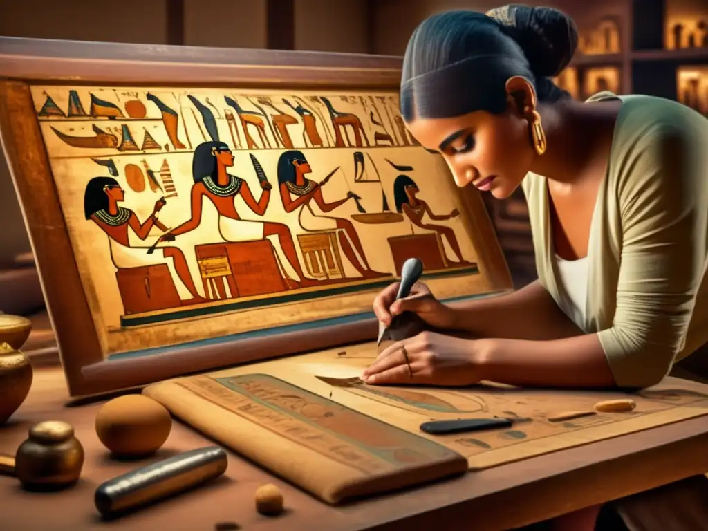 Un hábil artista realiza con delicadeza la restauración virtual de un fragmento de fresco egipcio antiguo