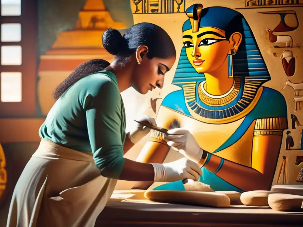Un hábil artista de la restauración trabaja delicadamente en los detalles de un antiguo fresco egipcio