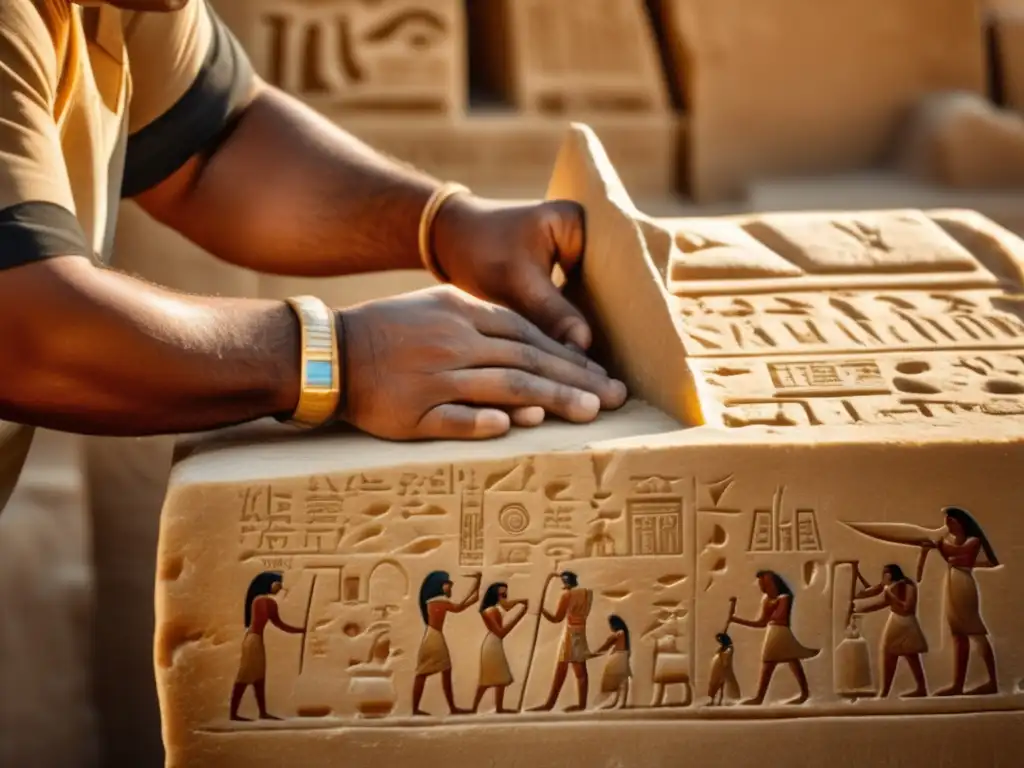 Un hábil cantero egipcio talla meticulosamente jeroglíficos en una enorme piedra caliza, utilizando técnicas de construcción de pirámides en Egipto