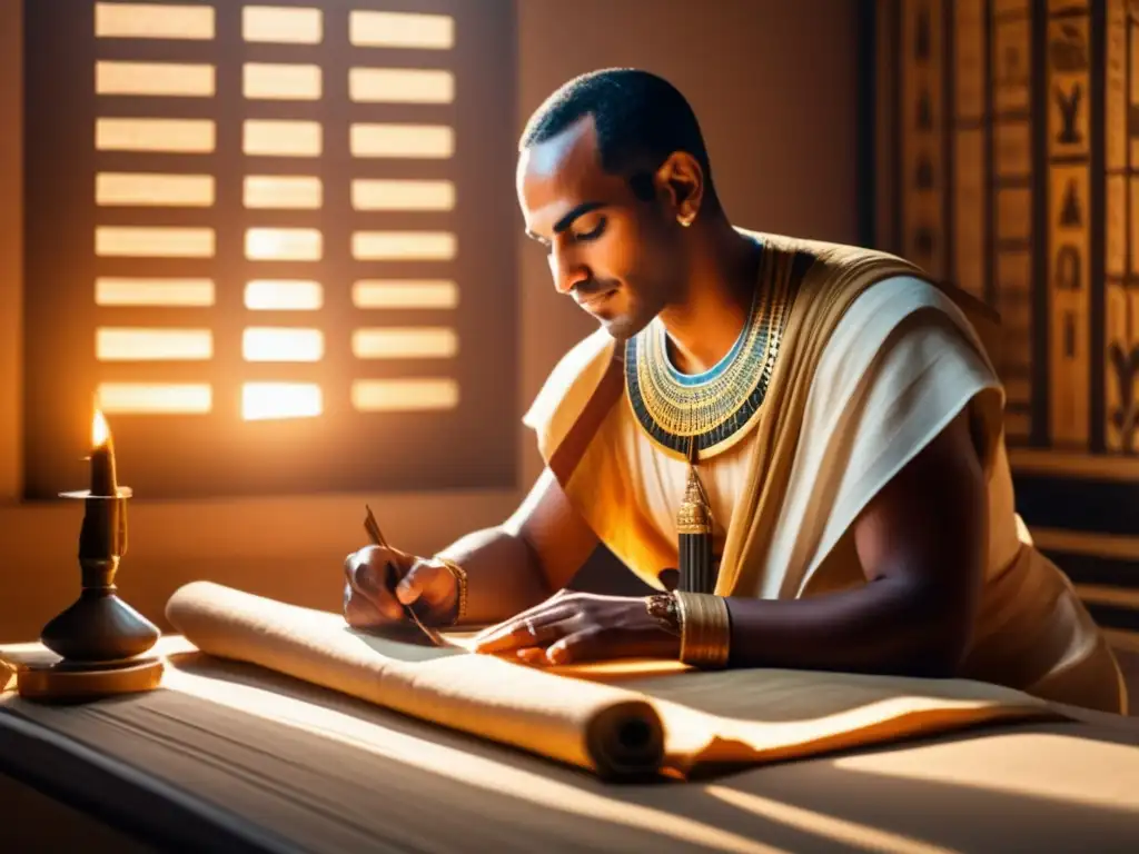 Un hábil escriba egipcio del Antiguo Egipto crea meticulosamente un pergamino de papiro en una habitación iluminada por la cálida luz del sol