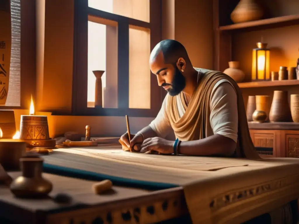 Un hábil escriba egipcio del Antiguo Egipto crea meticulosamente rollos de papiro en su taller, con tecnología en papiro del Antiguo Egipto