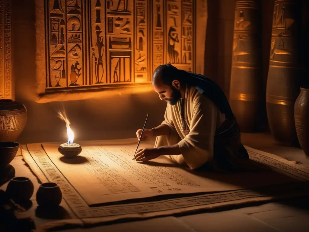 Un hábil escriba egipcio del Antiguo Egipto utiliza la tecnología en papiro para crear valiosos rollos ilustrados