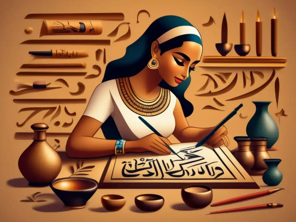 Un hábil calígrafo egipcio crea meticulosamente símbolos jeroglíficos en papiro