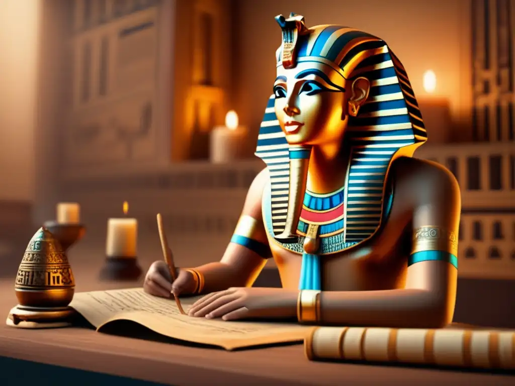 En una habitación tenue, un escriba egipcio transcribe con precisión jeroglíficos en papiro