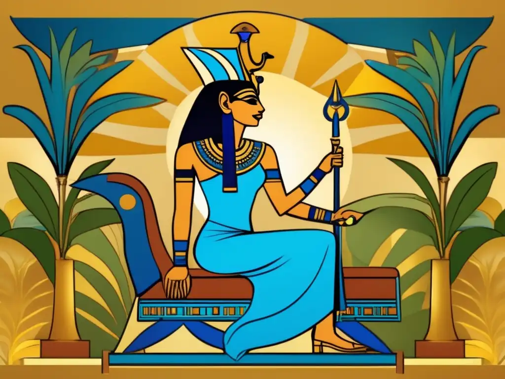 Hathor, diosa del amor y maternidad, en un trono dorado rodeada de un exuberante oasis