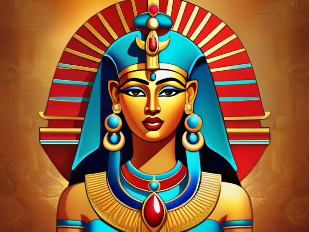 Hathor, diosa de belleza y amor en Egipto, rodeada de opulencia y naturaleza exuberante