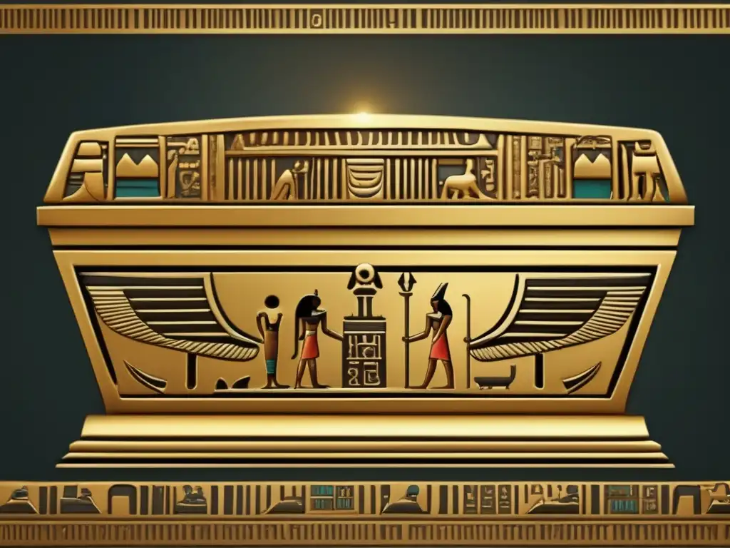 Hechizos para Sobrevivir Duat Antiguo Egipto: Una ilustración vintage detallada de un sarcófago egipcio antiguo adornado con intrincados jeroglíficos