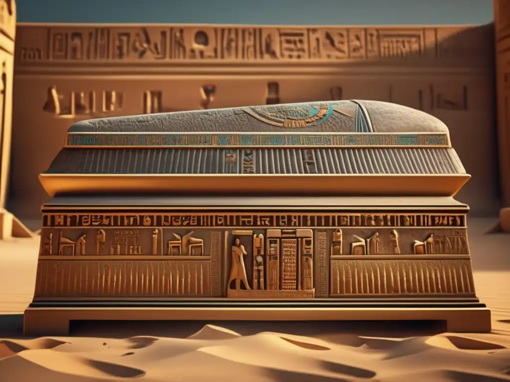 Hechizos para Sobrevivir Duat Antiguo Egipto: Sarcófago egipcio vintage con textos jeroglíficos detallados