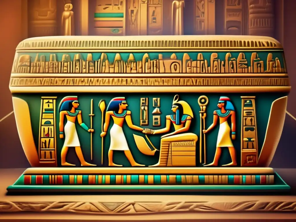 Hechizos para Sobrevivir Duat Antiguo Egipto: Una imagen vintage de un sarcófago egipcio antiguo con jeroglíficos intrincados y colores vibrantes
