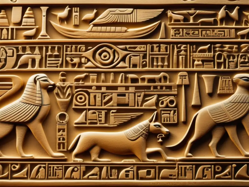Hechizos para Sobrevivir en el Duat: un antiguo sarcófago egipcio tallado con hieroglíficos detallados en tonos vintage