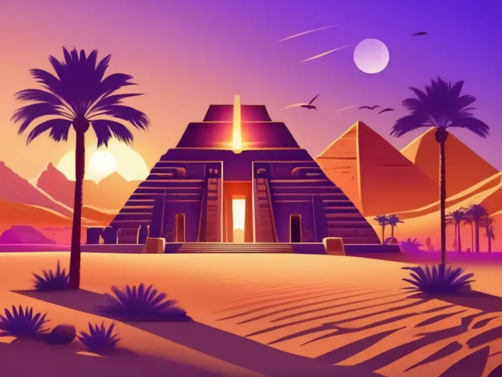 Hechizos mágicos en práctica: Un templo egipcio antiguo iluminado por el suave resplandor del sol poniente