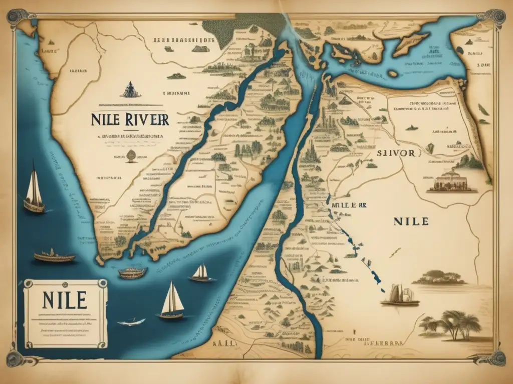 Una hermosa ilustración detallada en 8k de un antiguo mapa del río Nilo, resaltando el manejo de inundaciones del Nilo