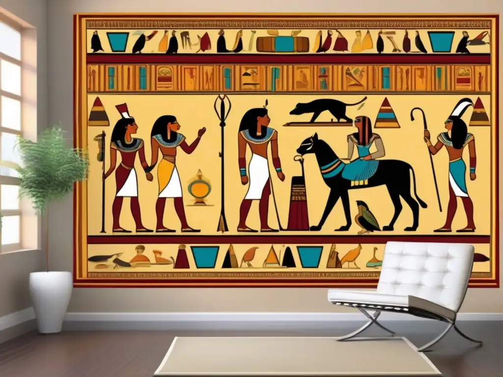 Una hermosa y detallada pintura mural egipcia vintage adorna el fondo de la imagen
