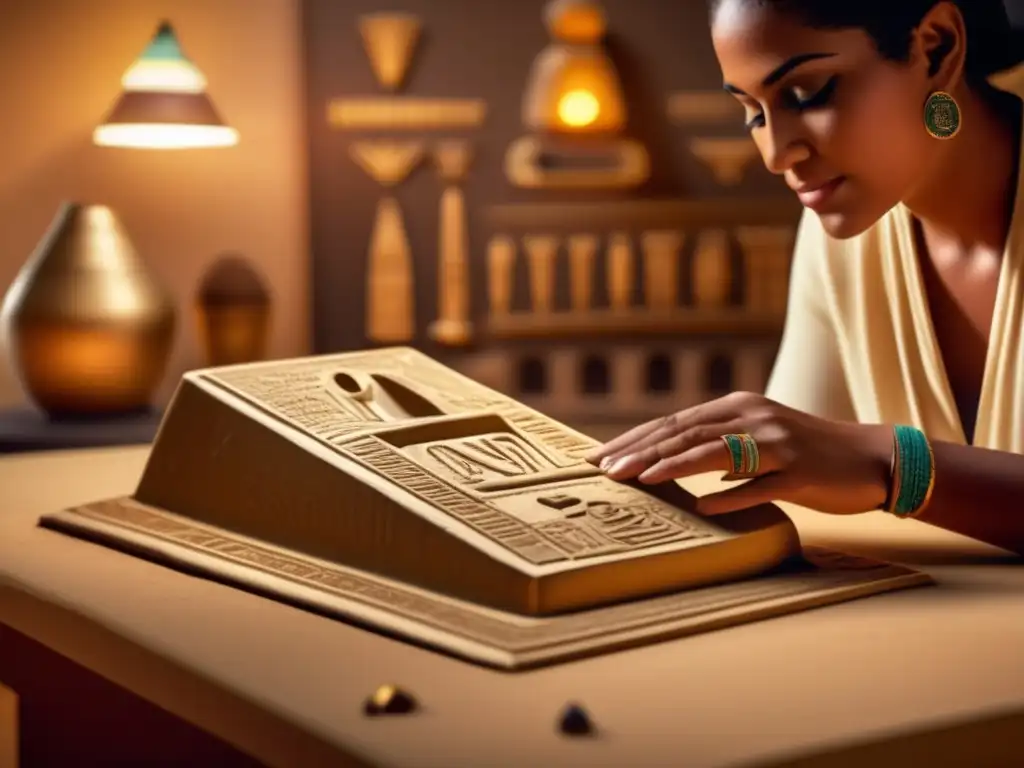 Una hermosa imagen estilo vintage que muestra el proceso de creación de una réplica en 3D de un artefacto egipcio antiguo