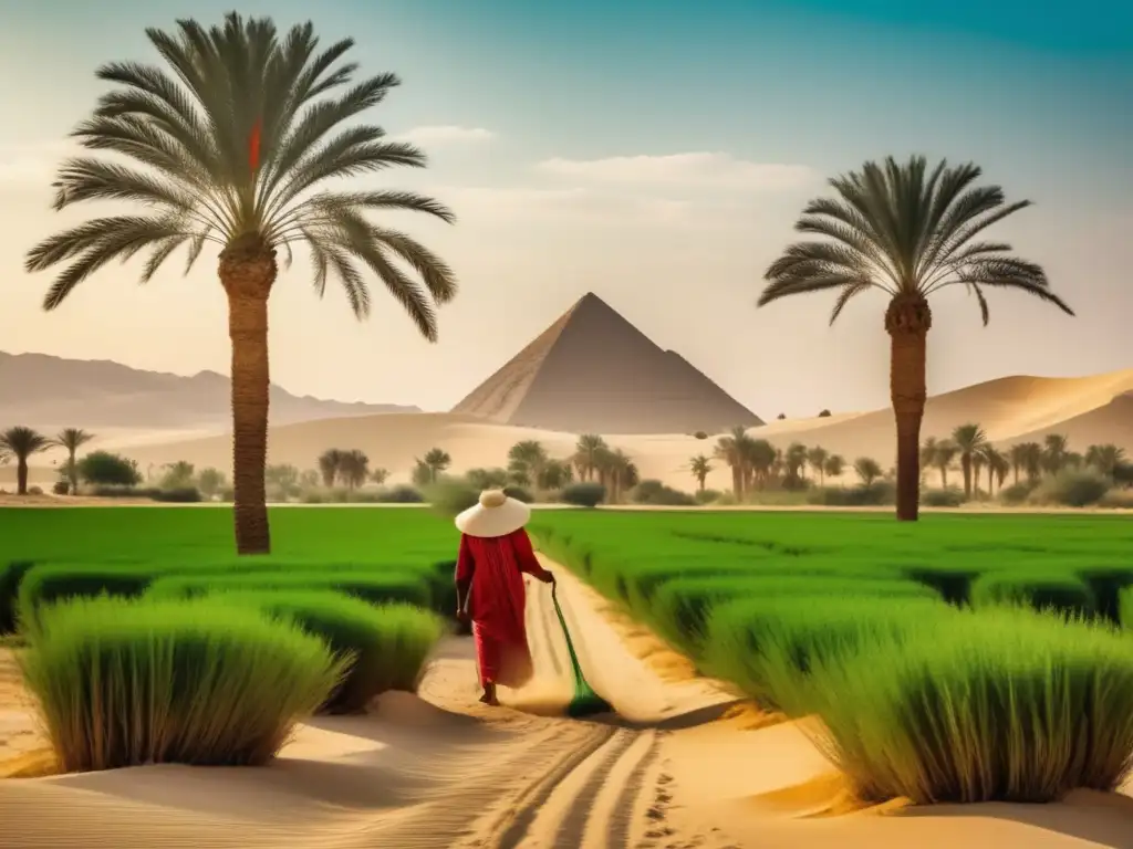 Una hermosa imagen estilo vintage que muestra un oasis exuberante en medio del desierto egipcio