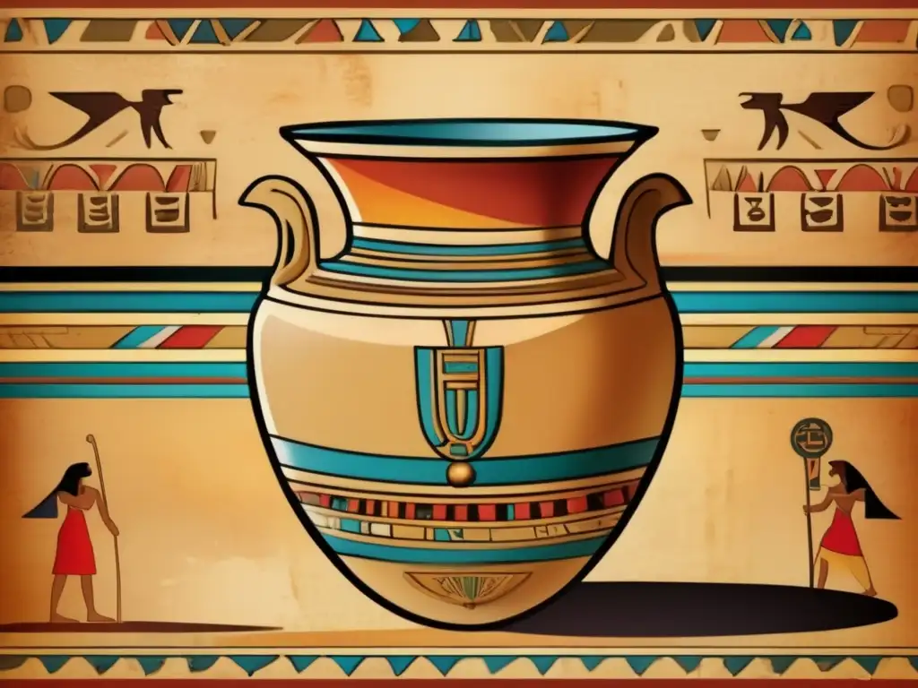 Una hermosa vasija de cerámica del Periodo Predinástico del Antiguo Egipto, decorada con motivos simbólicos y jeroglíficos