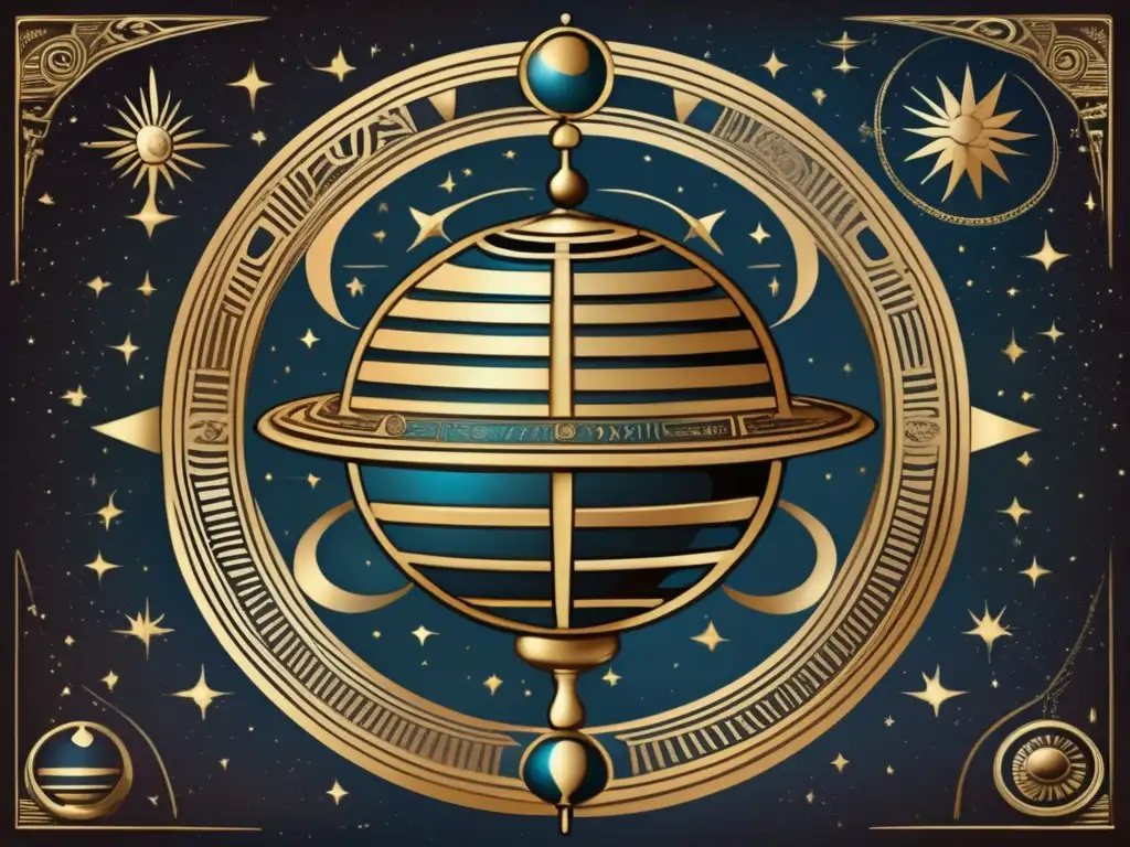 Una hermosa ilustración vintage detallada de una esfera armilar egipcia, interpretando movimiento astros con encantadores grabados y símbolos