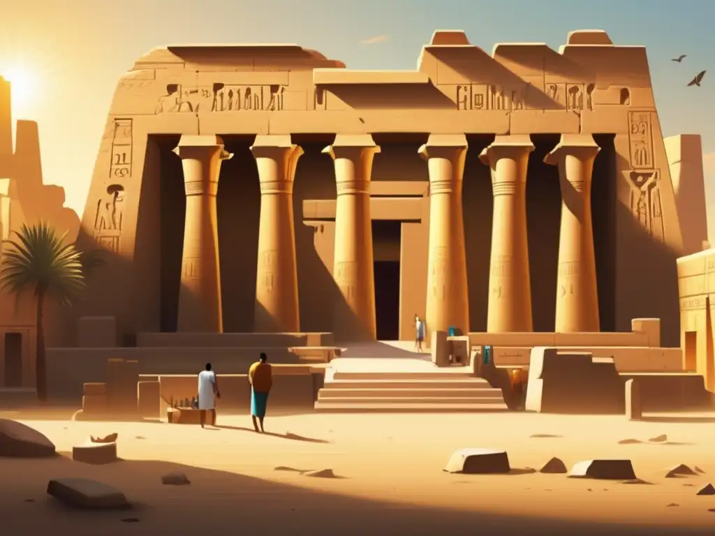 Hermoso y detallado retrato de la majestuosa Templo de Karnak en el antiguo Egipto durante la campaña de restauración del faraón Horemheb